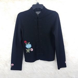Lucky Brand Black Embroidered Floral Button Front Jacket